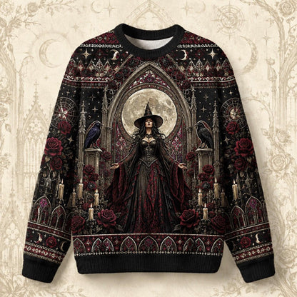 Gothic Cathedral Witch Sweater Rose Window Triple Moon Knit front view