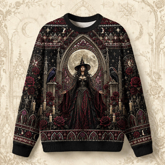Gothic Cathedral Witch Sweater Rose Window Triple Moon Knit front view