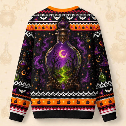Cauldron Sweater Potion Bottle Green Smoke Halloween Knit back view