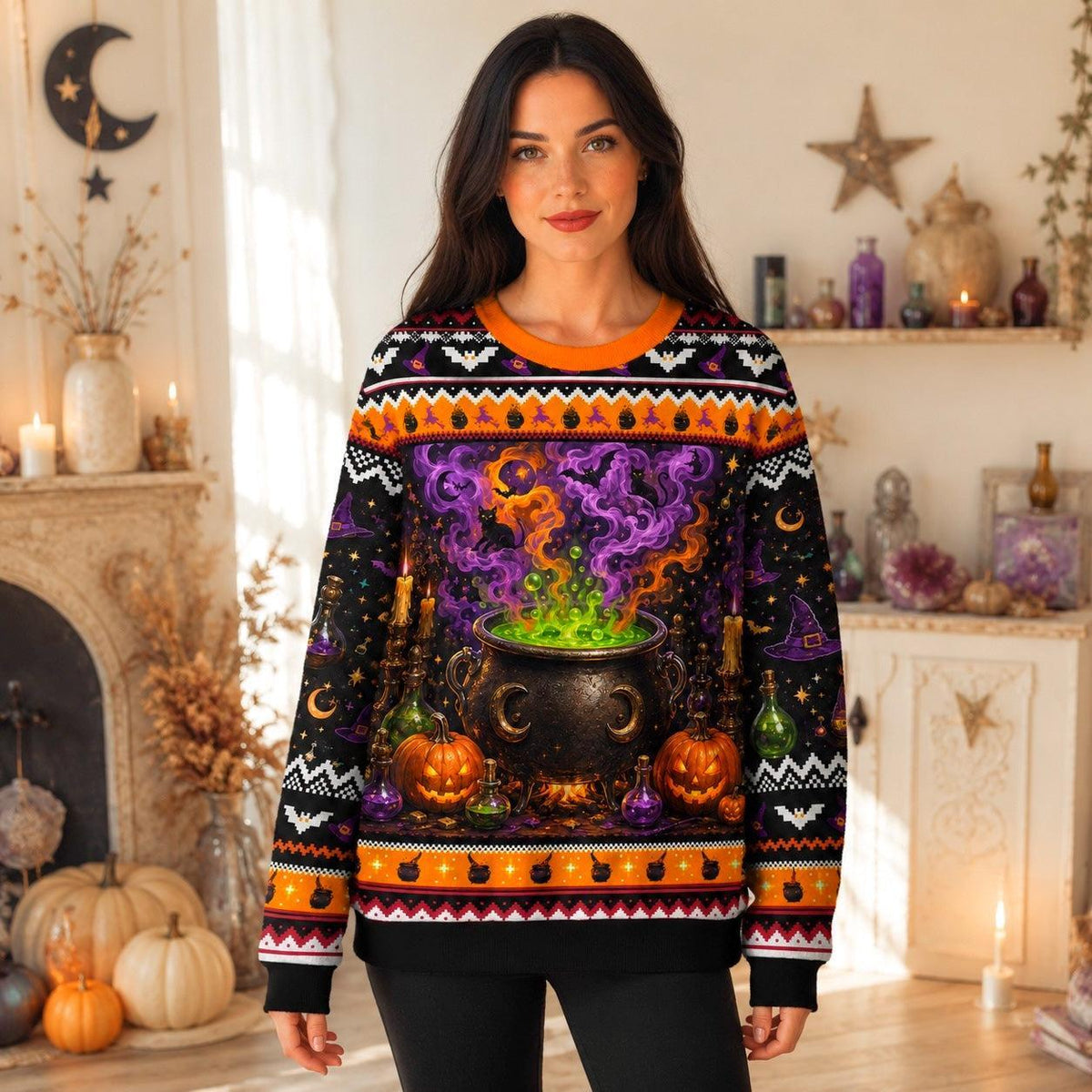Cauldron Sweater Potion Bottle Green Smoke Halloween Knit worn, front view