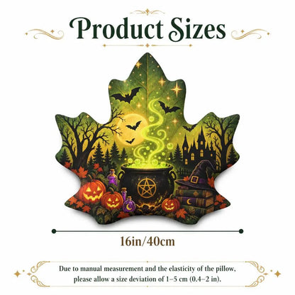 Size guide showing 16 inch / 40 cm: decorative plush pillow featuring maple leaf with witchcraft cauldron artwork