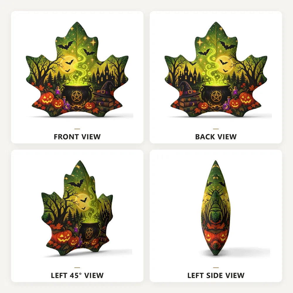 Front, back and side views: decorative plush pillow featuring maple leaf with witchcraft cauldron artwork