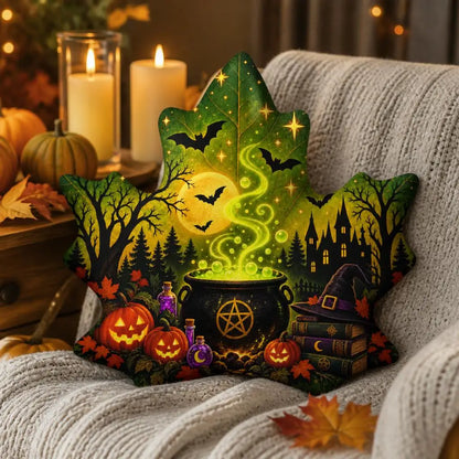 Styled room view: decorative plush pillow featuring maple leaf with witchcraft cauldron artwork