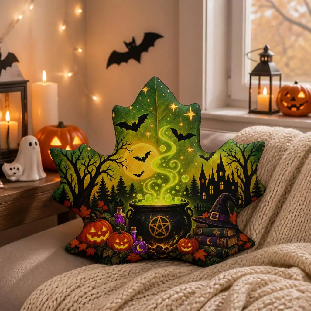 Alternate styled room view: decorative plush pillow featuring maple leaf with witchcraft cauldron artwork