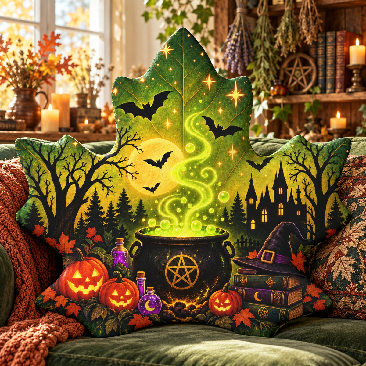 Cauldron Maple Leaf Throw Pillow in a witchy room