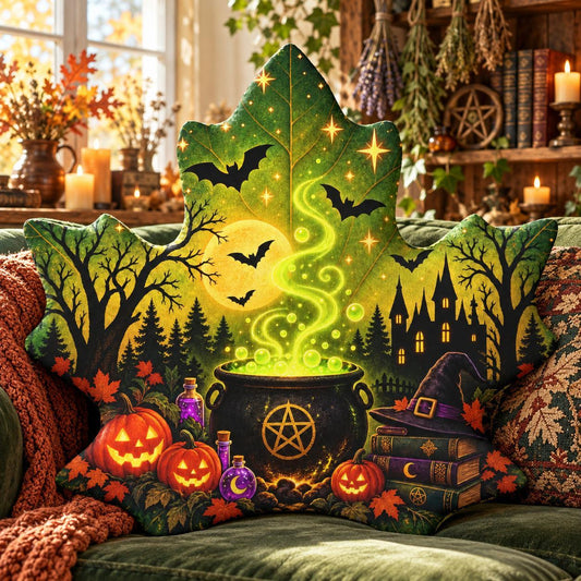 Cauldron Maple Leaf Throw Pillow in a witchy room