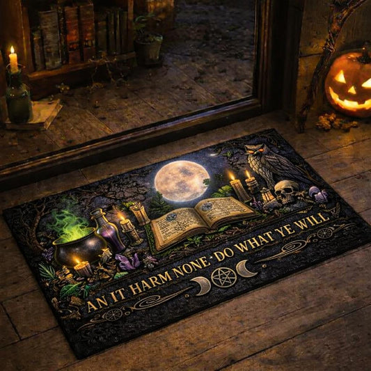 Black Witchcraft Spell Book doormat with full moon, owl, cauldron, and "An It Harm None" text.