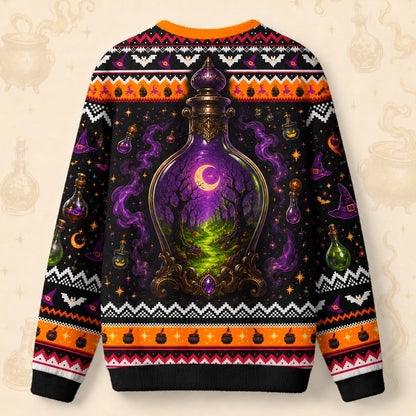 Cauldron Sweater Potion Bottle Green Smoke Halloween Knit back view