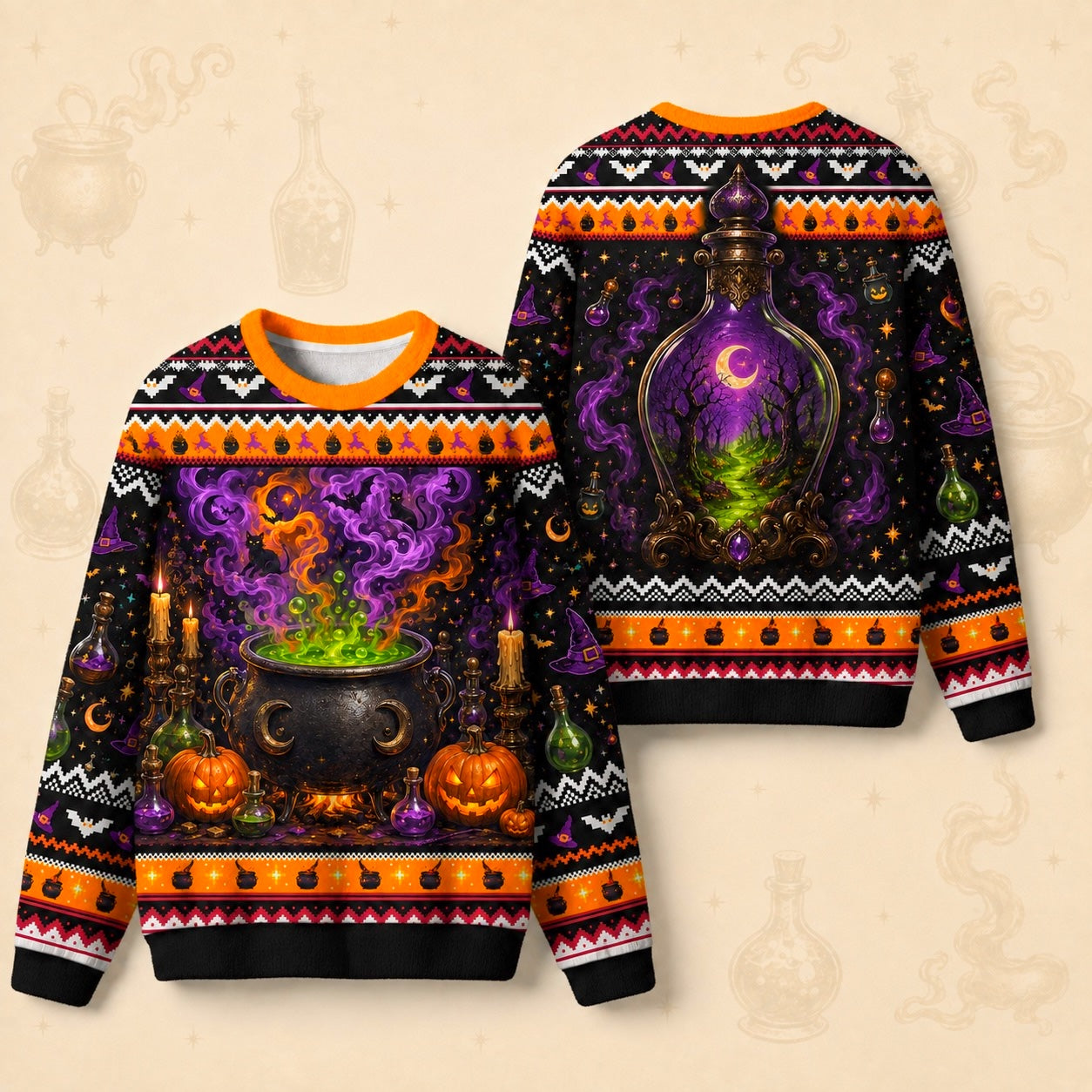 Cauldron Sweater Potion Bottle Green Smoke Halloween Knit front and back together