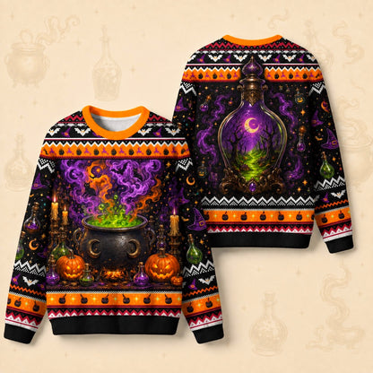 Cauldron Sweater Potion Bottle Green Smoke Halloween Knit front and back together