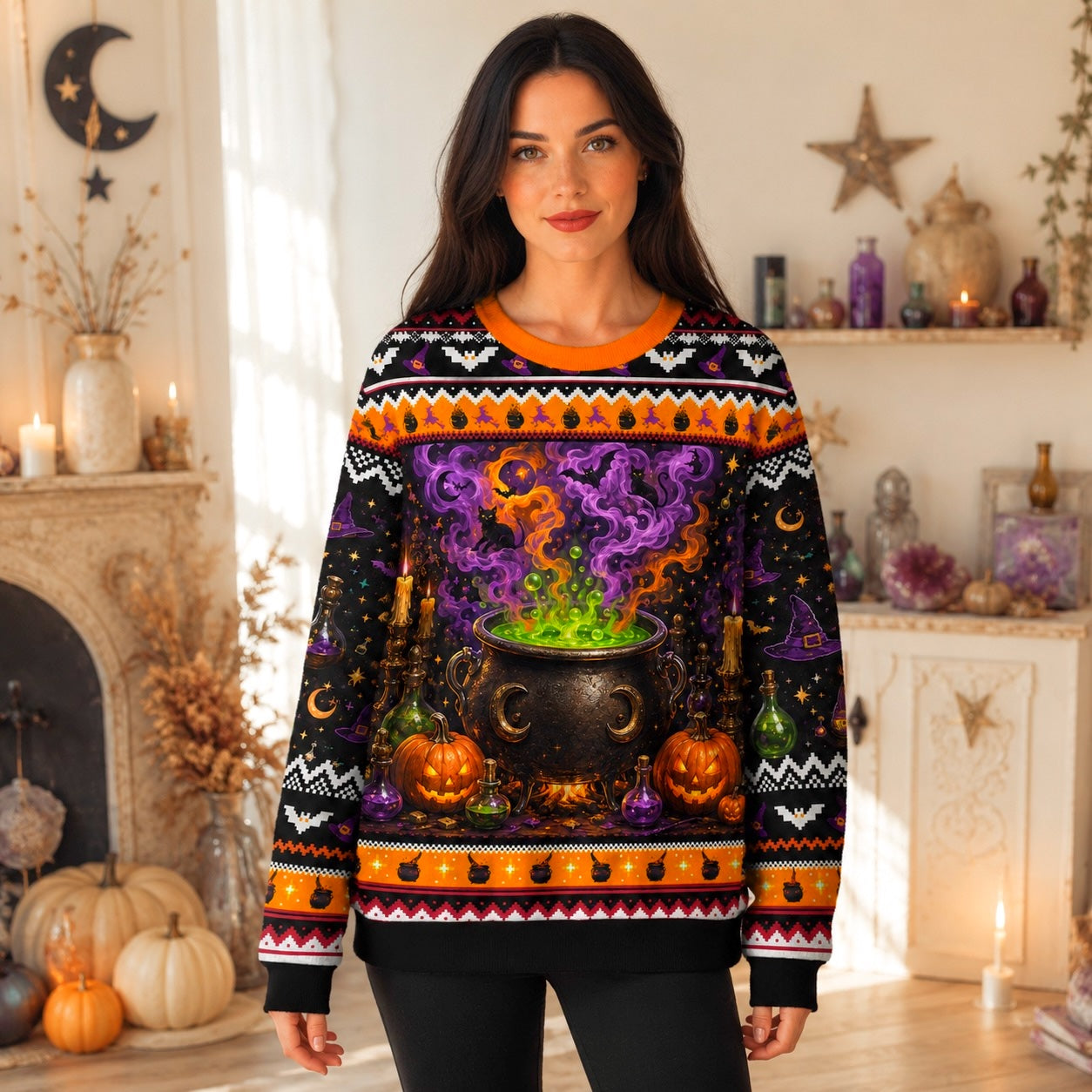 Cauldron Sweater Potion Bottle Green Smoke Halloween Knit worn, front view