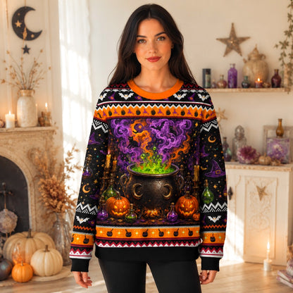 Cauldron Sweater Potion Bottle Green Smoke Halloween Knit worn, front view
