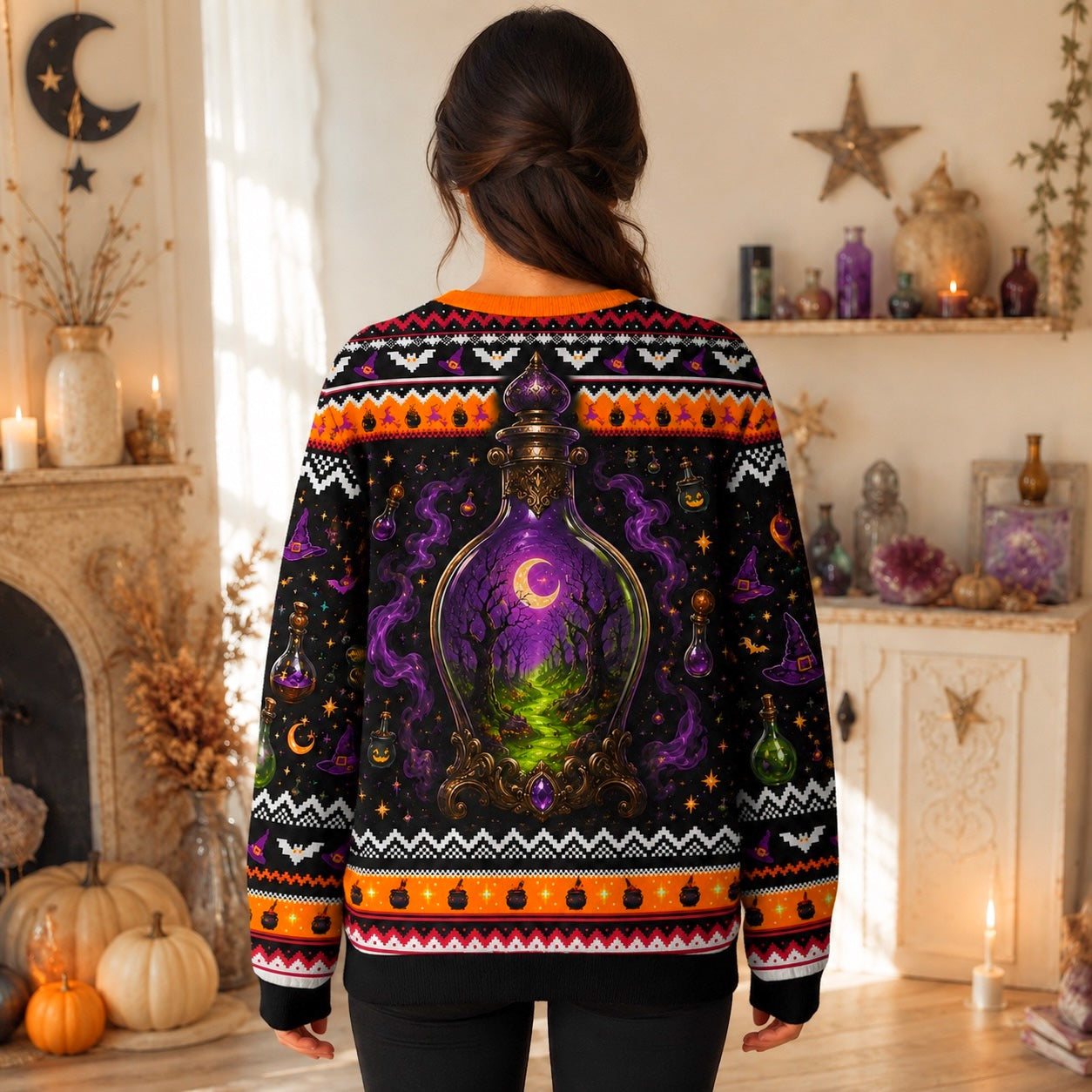 Cauldron Sweater Potion Bottle Green Smoke Halloween Knit worn, back view