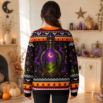Cauldron Sweater Potion Bottle Green Smoke Halloween Knit worn, back view