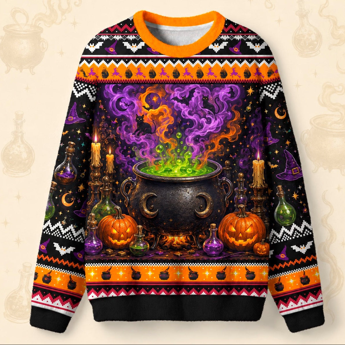 Cauldron Sweater Potion Bottle Green Smoke Halloween Knit front view