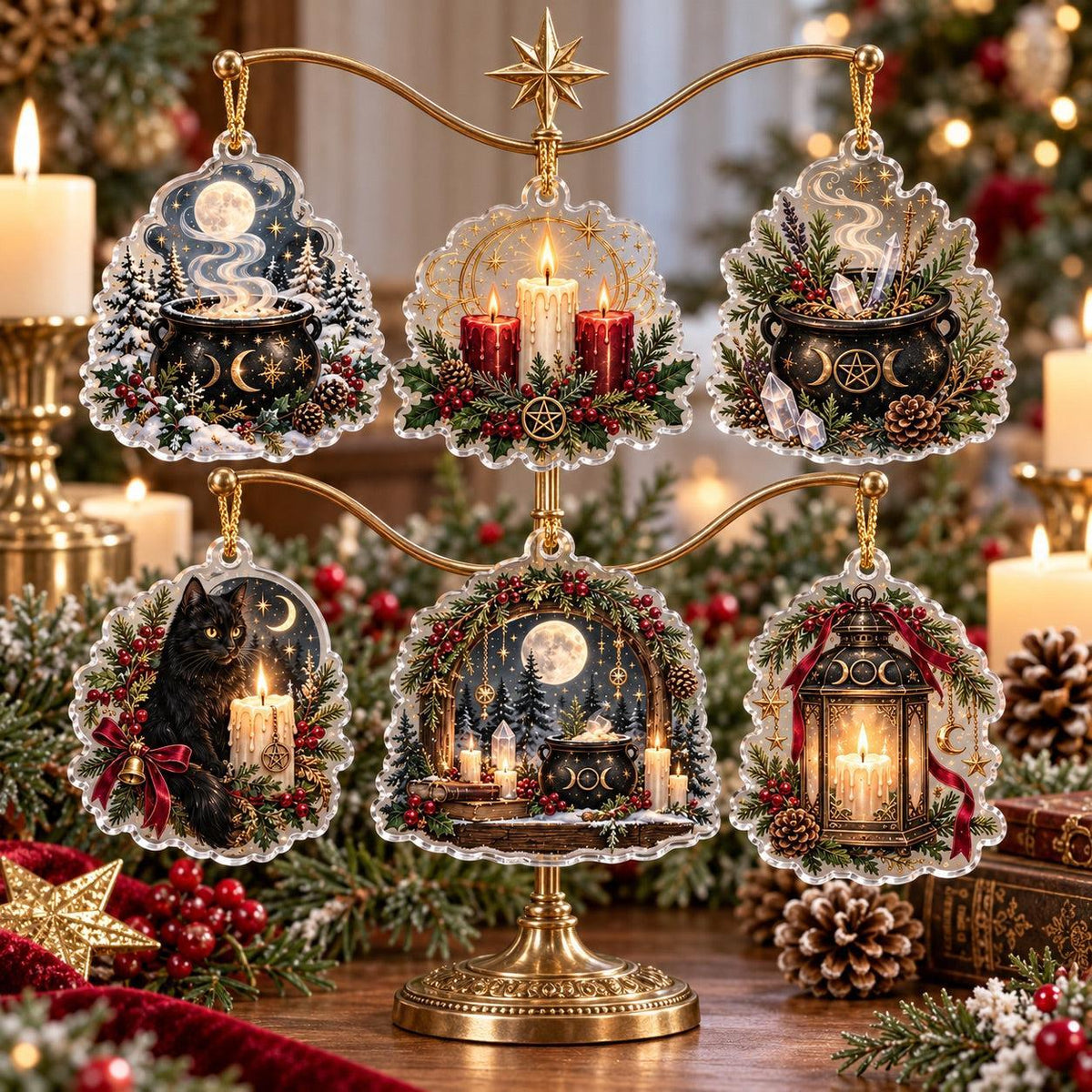 Cauldron and Candle Witchy Acrylic Ornament Set – Yule Christmas Decor – set of 6, another view