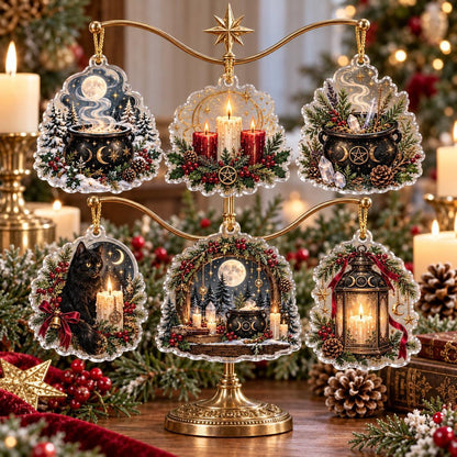 Cauldron and Candle Witchy Acrylic Ornament Set – Yule Christmas Decor – set of 6, another view