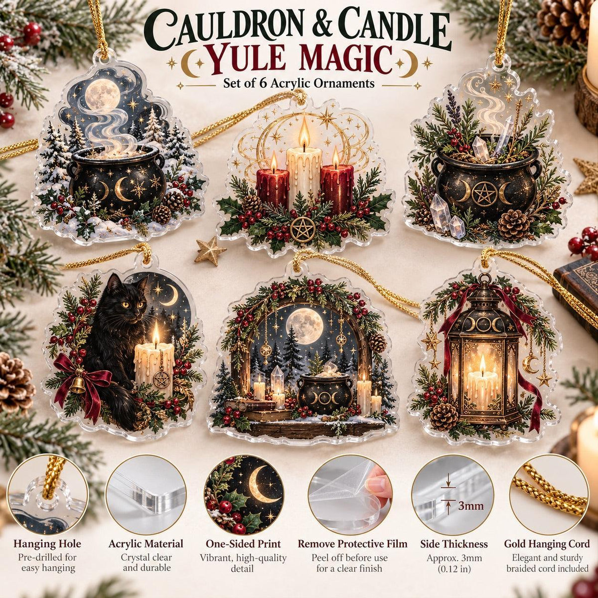 Cauldron and Candle Witchy Acrylic Ornament Set – Yule Christmas Decor – ornament size and details