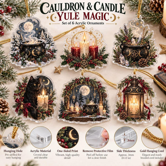 Cauldron and Candle Witchy Acrylic Ornament Set – Yule Christmas Decor – ornament size and details