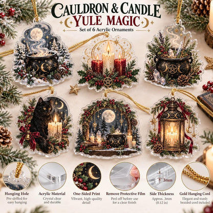 Cauldron and Candle Witchy Acrylic Ornament Set – Yule Christmas Decor – ornament size and details