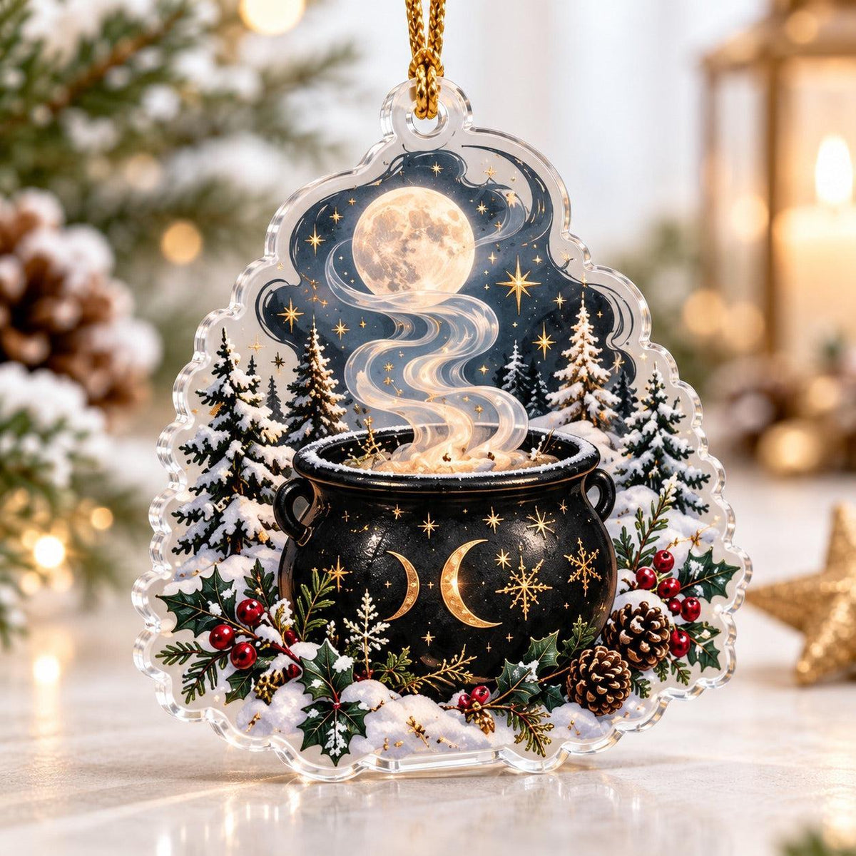 Cauldron and Candle Witchy Acrylic Ornament Set – Yule Christmas Decor – Moonlit Cauldron ornament