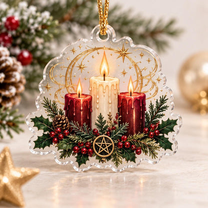 Cauldron and Candle Witchy Acrylic Ornament Set – Yule Christmas Decor – Pentacle Candle Trio ornament