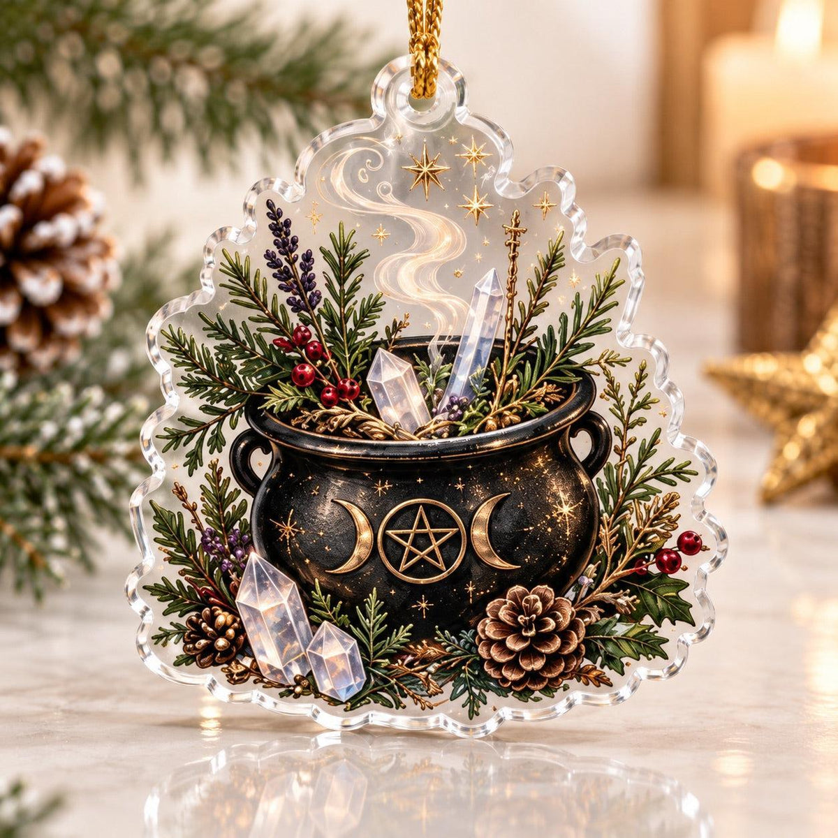 Cauldron and Candle Witchy Acrylic Ornament Set – Yule Christmas Decor – Crystal Cauldron ornament