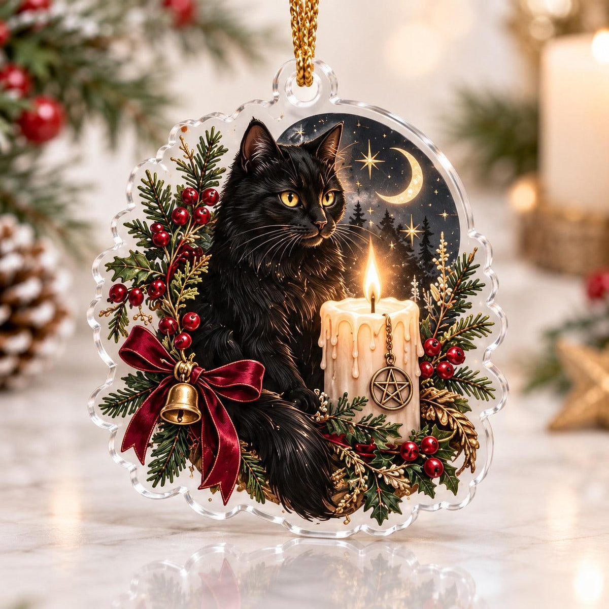 Cauldron and Candle Witchy Acrylic Ornament Set – Yule Christmas Decor – Candlelit Black Cat ornament