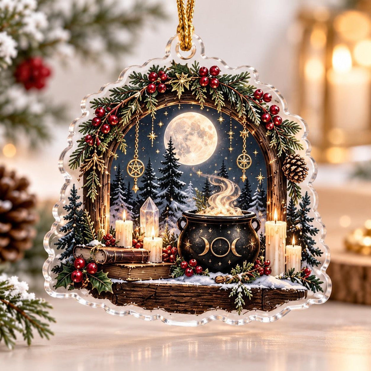 Cauldron and Candle Witchy Acrylic Ornament Set – Yule Christmas Decor – Full Moon Hearth ornament