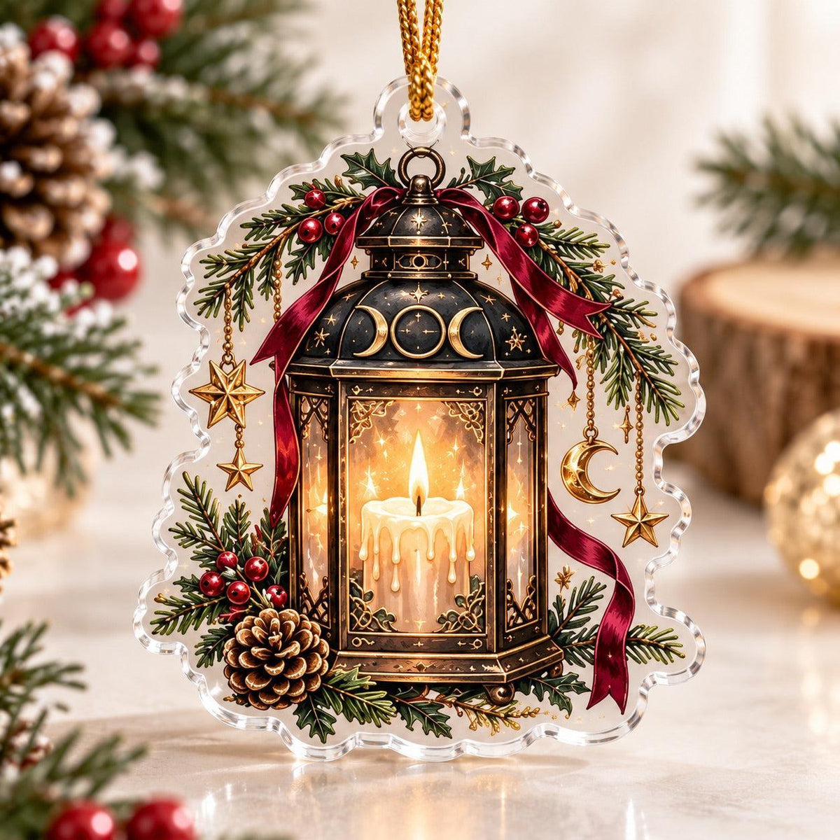 Cauldron and Candle Witchy Acrylic Ornament Set – Yule Christmas Decor – Triple Moon Lantern ornament