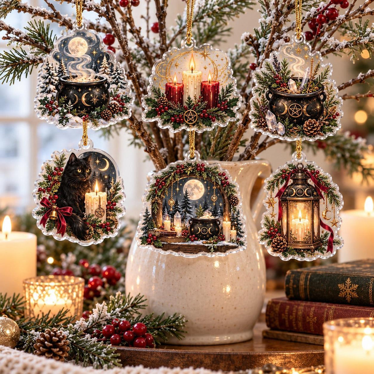 Cauldron and Candle Witchy Acrylic Ornament Set – Yule Christmas Decor – set of 6, another view