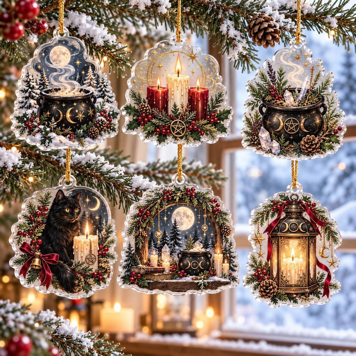 Cauldron and Candle Witchy Acrylic Ornament Set – Yule Christmas Decor – set of 6 acrylic ornaments