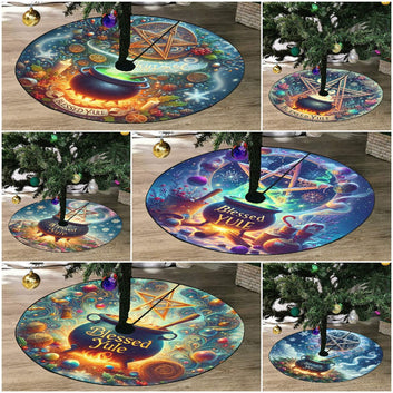 Wicca Pentagram and Witchy Cauldron Christmas Tree Skirt for Yule Decor