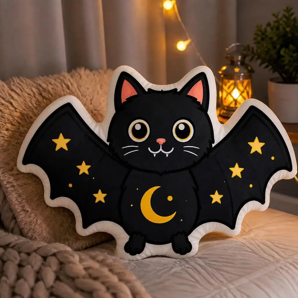 Styled on a sofa: decorative plush pillow featuring bat-winged cat with crescent moon and stars
