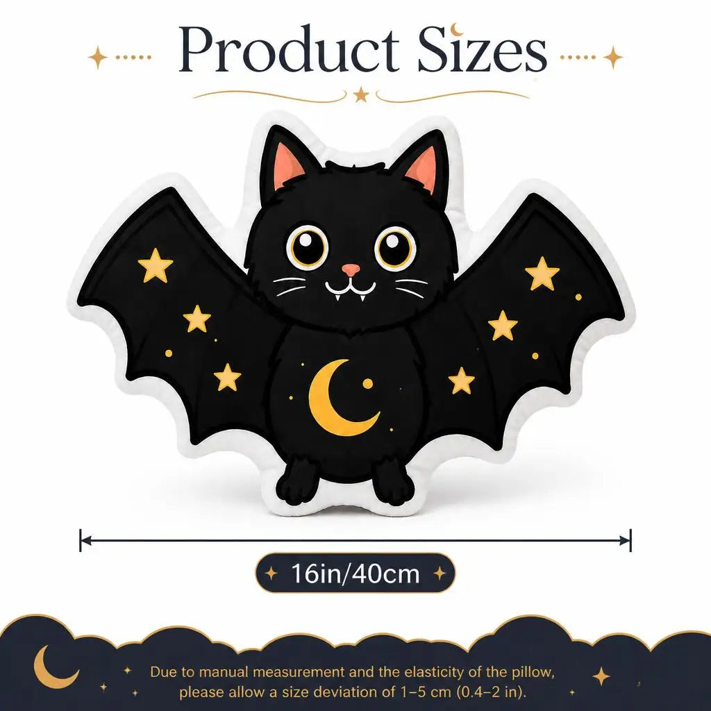 Size guide showing 16 inch / 40 cm: decorative plush pillow featuring bat-winged cat with crescent moon and stars