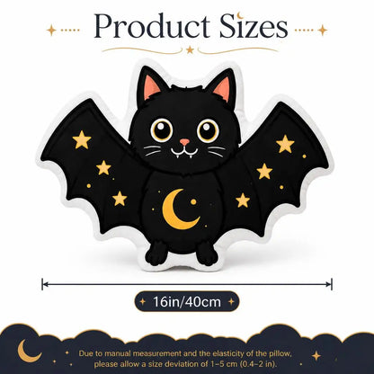 Size guide showing 16 inch / 40 cm: decorative plush pillow featuring bat-winged cat with crescent moon and stars