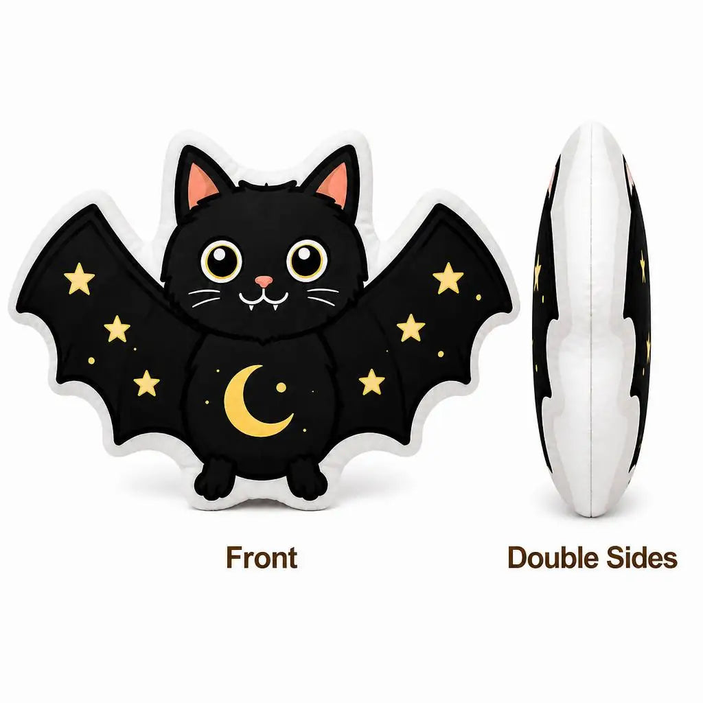Front and side profile: decorative plush pillow featuring bat-winged cat with crescent moon and stars