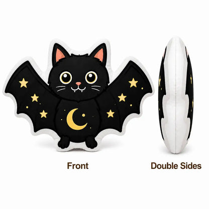 Front and side profile: decorative plush pillow featuring bat-winged cat with crescent moon and stars