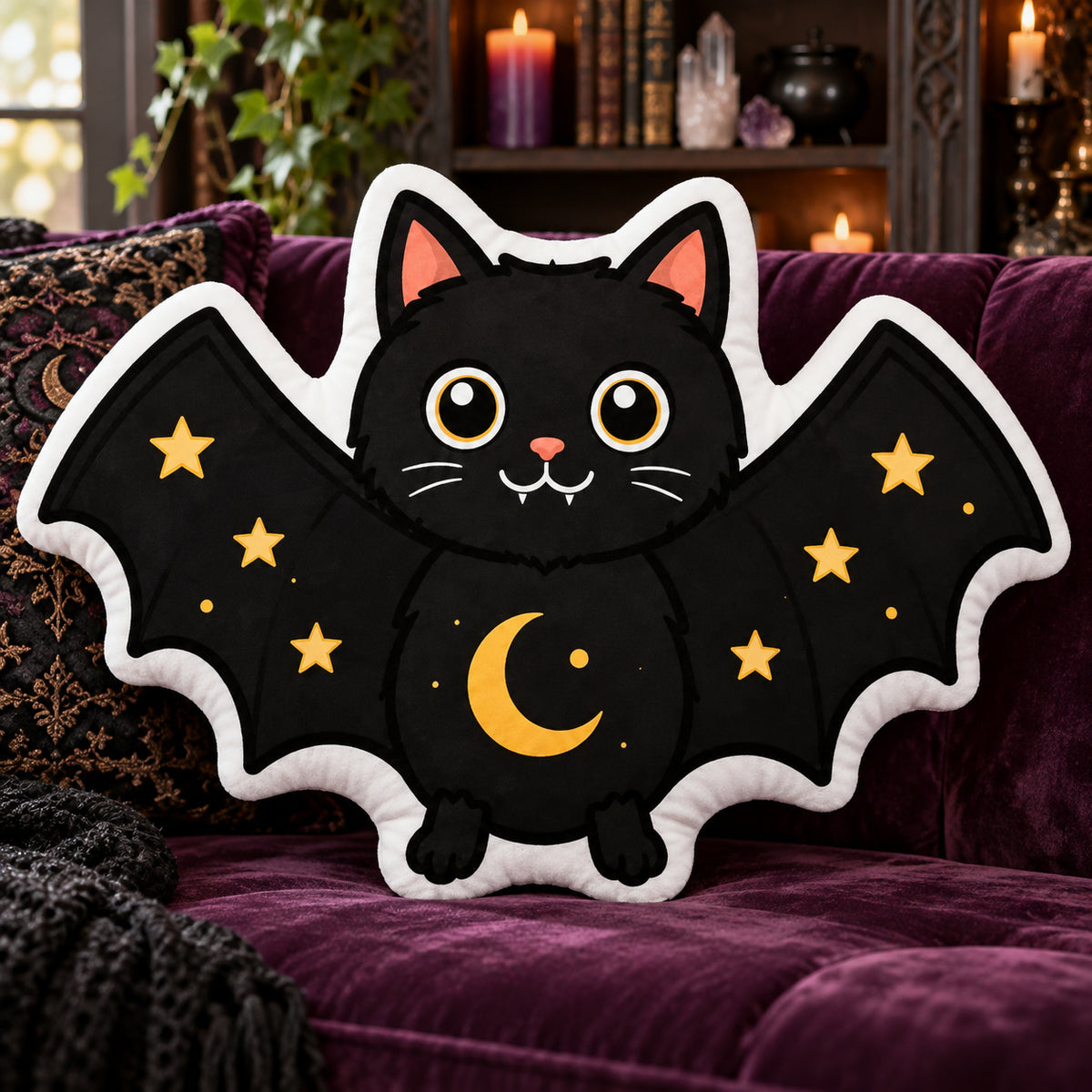 Celestial Bat Cat Plush Pillow in a sunlit witchy room