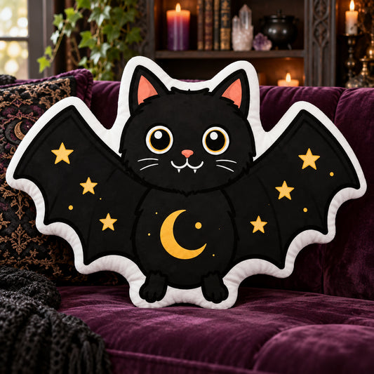 Celestial Bat Cat Plush Pillow in a sunlit witchy room