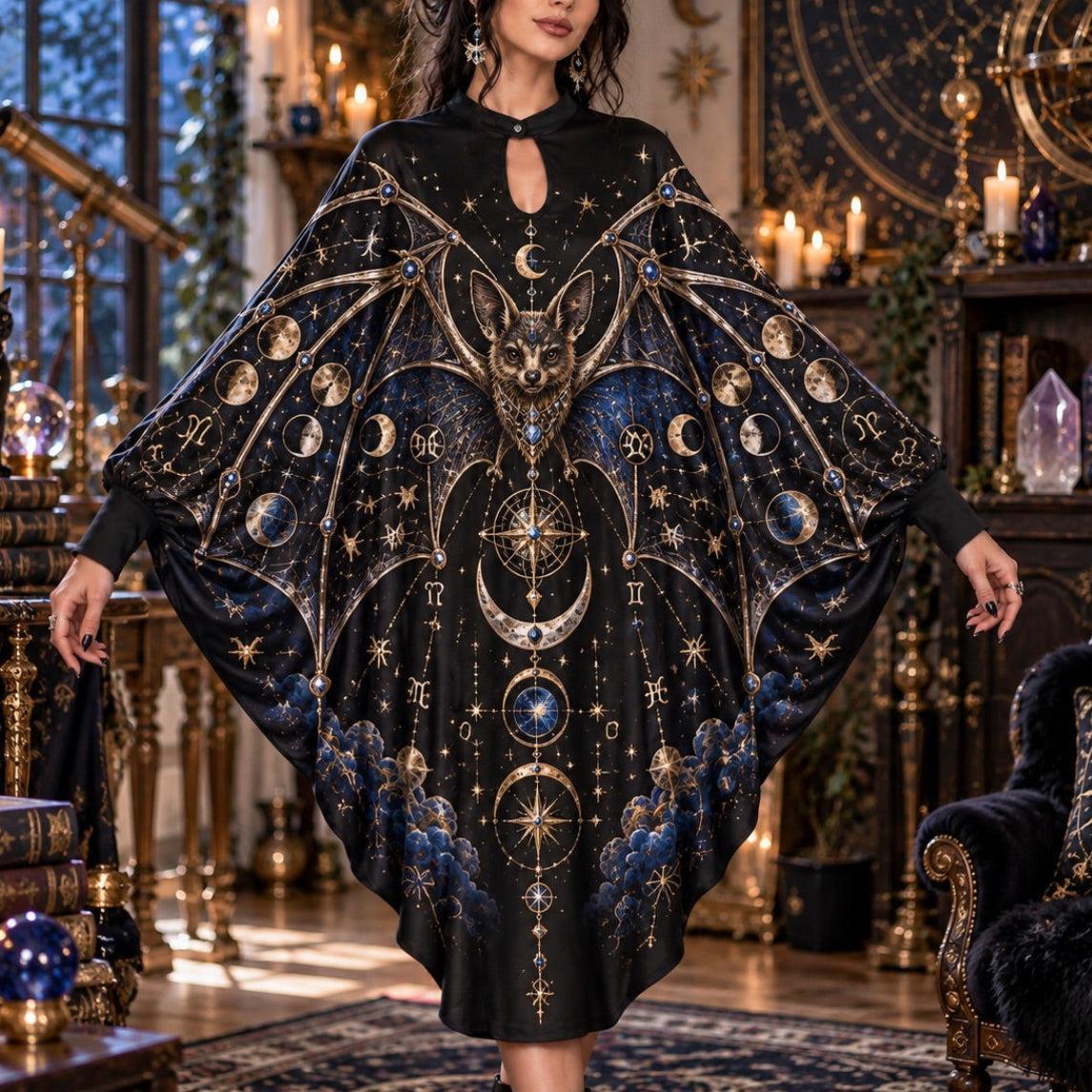 Celestial Bat Star Map Gothic Batwing Dress – Witchy Astrology Midi – worn, front view