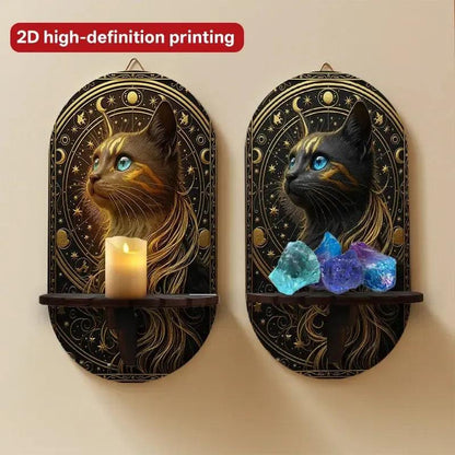 Celestial Black Cat Mystical Wall Shelf for Crystals & Candles – Wooden Floating Shelf Pagan Altar Decor-MoonChildWorld