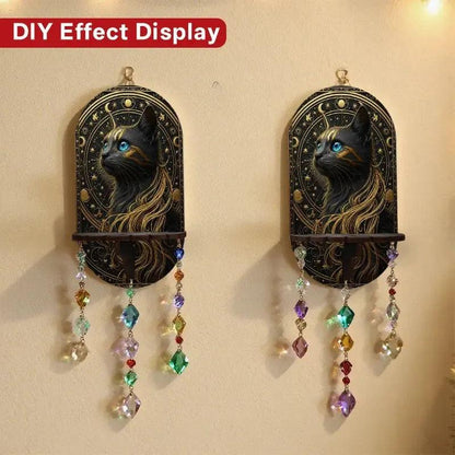 Celestial Black Cat Mystical Wall Shelf for Crystals & Candles – Wooden Floating Shelf Pagan Altar Decor-MoonChildWorld