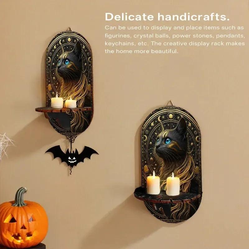 Celestial Black Cat Mystical Wall Shelf for Crystals & Candles – Wooden Floating Shelf Pagan Altar Decor-MoonChildWorld