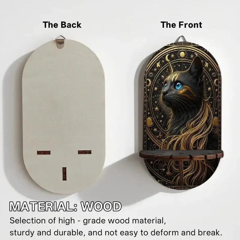 Celestial Black Cat Mystical Wall Shelf for Crystals & Candles – Wooden Floating Shelf Pagan Altar Decor-MoonChildWorld