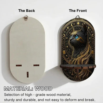 Celestial Black Cat Mystical Wall Shelf for Crystals & Candles – Wooden Floating Shelf Pagan Altar Decor-MoonChildWorld