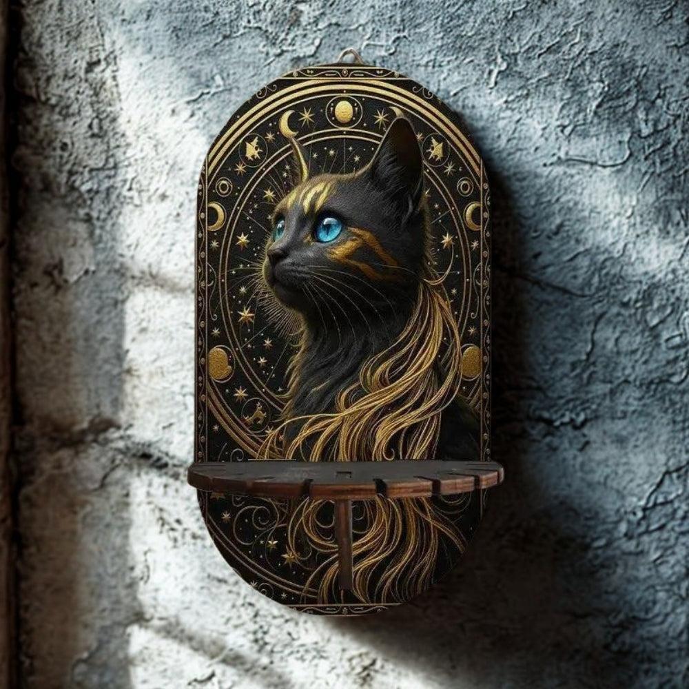 Celestial Black Cat Mystical Wall Shelf for Crystals & Candles – Wooden Floating Shelf Pagan Altar Decor-MoonChildWorld