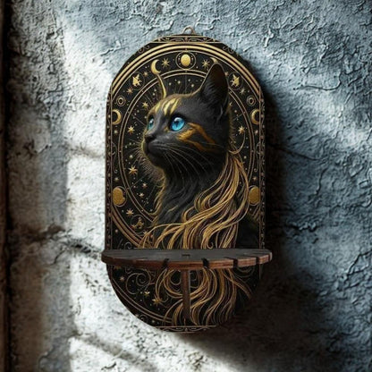 Celestial Black Cat Mystical Wall Shelf for Crystals & Candles – Wooden Floating Shelf Pagan Altar Decor-MoonChildWorld