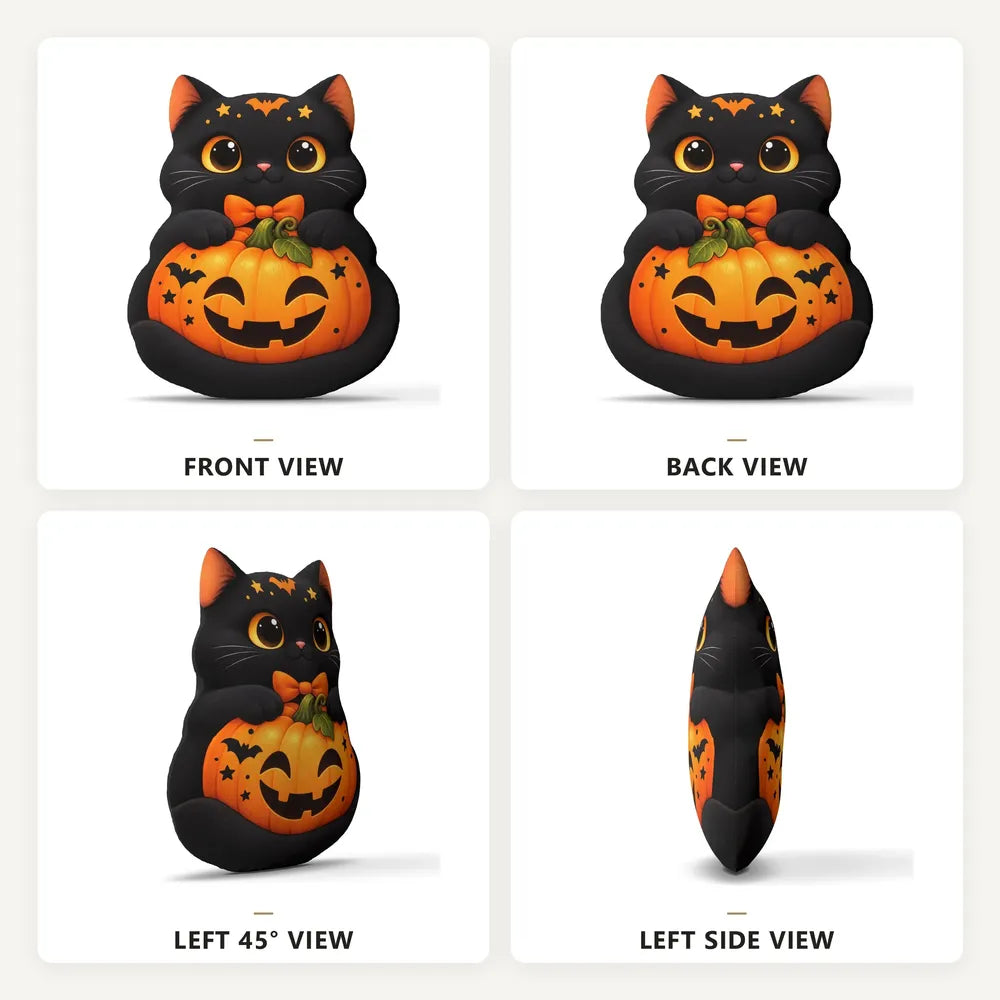 Front, back and side views: decorative plush pillow featuring celestial black cat artwork