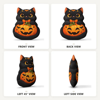 Front, back and side views: decorative plush pillow featuring celestial black cat artwork